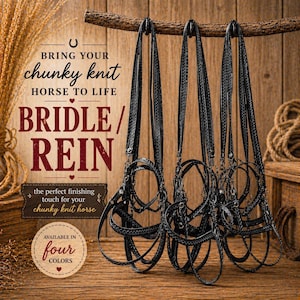 May include: Four black horse bridles hanging from a wooden branch. The image includes text that reads "BRING YOUR chunky knit HORSE TO LIFE BRIDLE/ REIN" and "AVAILABLE IN four COLORS". The bridles are made of leather and have intricate designs.