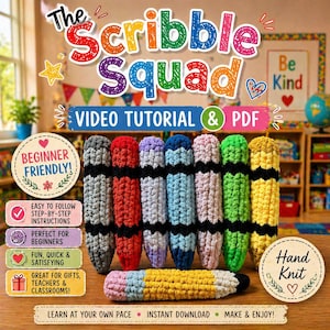 Puede incluir: Imagen de artículos en forma de lápiz tejidos a mano en varios colores. El texto "The Scribble Squad" se muestra en la parte superior. El texto adicional incluye "Video Tutorial & PDF" y "Beginner Friendly!"