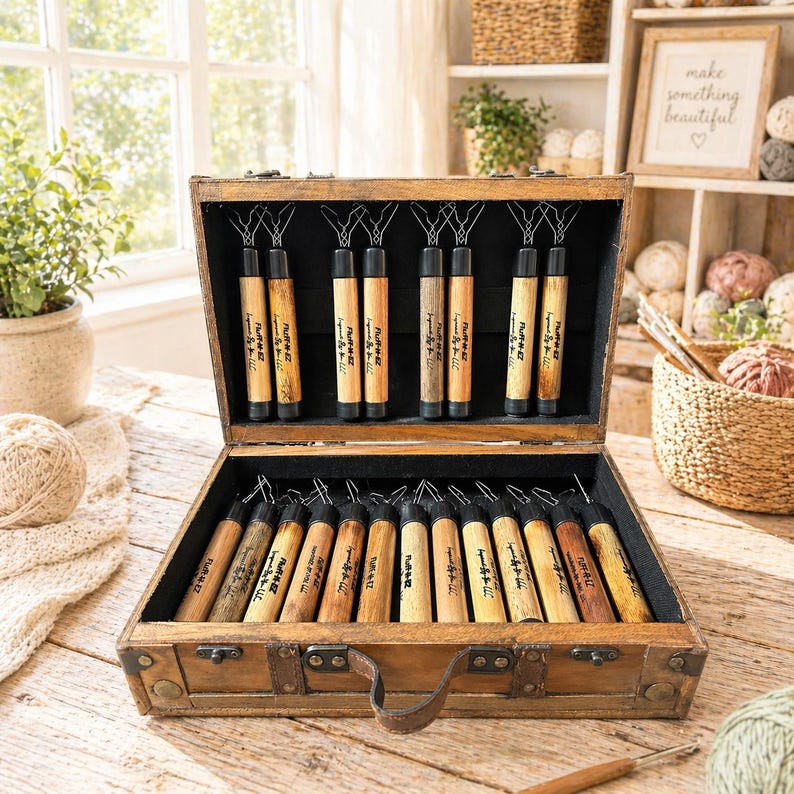 May include: A wooden carrying case containing a collection of metal-tipped crafting tools with wooden handles. The tools are arranged in rows, with some secured in the lid and others in the base. Each handle is labeled with the text Fluff-N-EZ.
