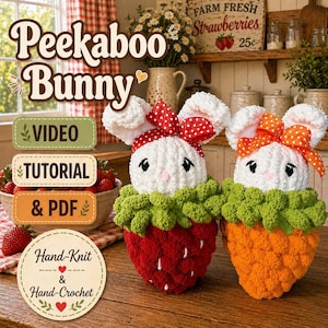 May include: Two plush crochet bunny figures, one emerging from a red strawberry base and the other from an orange carrot base. Both bunnies have white fuzzy heads, black embroidered eyes, pink noses, and are wearing polka-dot bows on their ears.