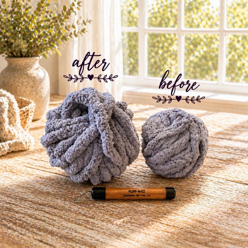 May include: Two balls of light gray chunky yarn, one significantly larger than the other, labeled with the words after and before. A wooden tool with black ends and the text FLUFF-N-EZ INSPIRED-BY-YOU LLC is positioned in front of the yarn.