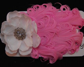 Infant Pink and White Feather Headband-READY TO SHIP