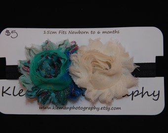 Infant Cream and Turquoise/Green Print Shabby Flower Headband-READY TO SHIP