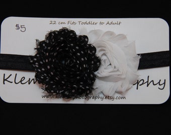 Toddler/Adult White and Black Polka Dot Shabby Flower on Black Headband-READY TO SHIP