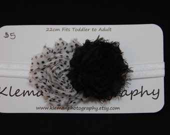 Toddler/Adult Black and White Polka Dot Shabby Flower on White Headband-READY TO SHIP