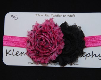 Toddler/Adult Black and Pink Shabby Flower Headband-READY TO SHIP