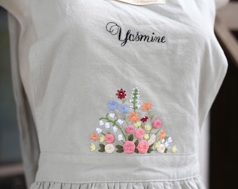 Custom Embroidered Linen Apron: Flower Garden Design, Personalized Gift