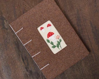 Embroidered Mushroom Linen Notebook, Personalized Botanical Journal