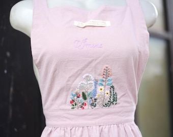 Custom Embroidered Linen Apron: Flower Garden Design, Personalized Gift