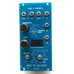 May include: A blue electronic circuit board with the text "CODE IT YOURSELF" and "MIDI TO CV/GATE". It features knobs, ports, and the CIYLab logo. The board has various labels like "GATE 1 CV", "PARAMETER", and "CLOCK OUT".