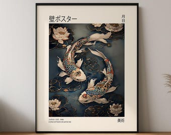 Japanese Koi Fish Wall Art | Blue & Gold Lotus Pond Print | Elegant Asian Decor | Zen Digital Poster | Tranquil Water Printable Artwork