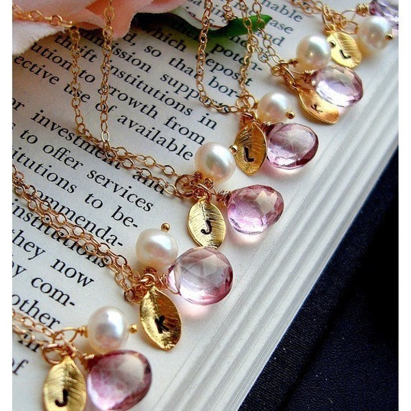 CUSTOM YOUR INITIAL  AND PICK YOUR STONE  - INITIAL LEAF , PINK QUARTZ ,PEARL 14K GOLD NECKLACE