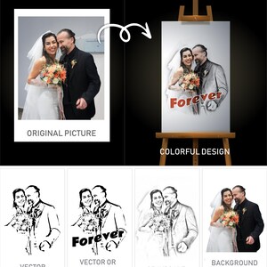 Könnte beinhalten: Eine digitale Illustration eines Hochzeitspaares mit dem Wort "Forever" in roter Schrift. Das Bild wird in vier verschiedenen Stilen gezeigt: Vektor, Vektor mit Text, Graustufen und Hintergrundentfernung.