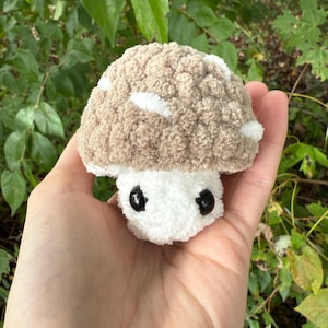 May include: A handmade plush mushroom toy with a brown cap dotted with white spots and a white stem. The mushroom has black bead eyes. The toy is held in a hand against a backdrop of green foliage.