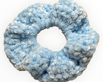 Crochet Light Blue Velvet Scrunchie Handmade Hair Accessory