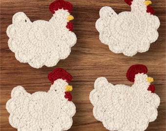 Crochet Chicken Coasters Set of 4 Home Decor Cotton Washable Individual Coaster Reusable