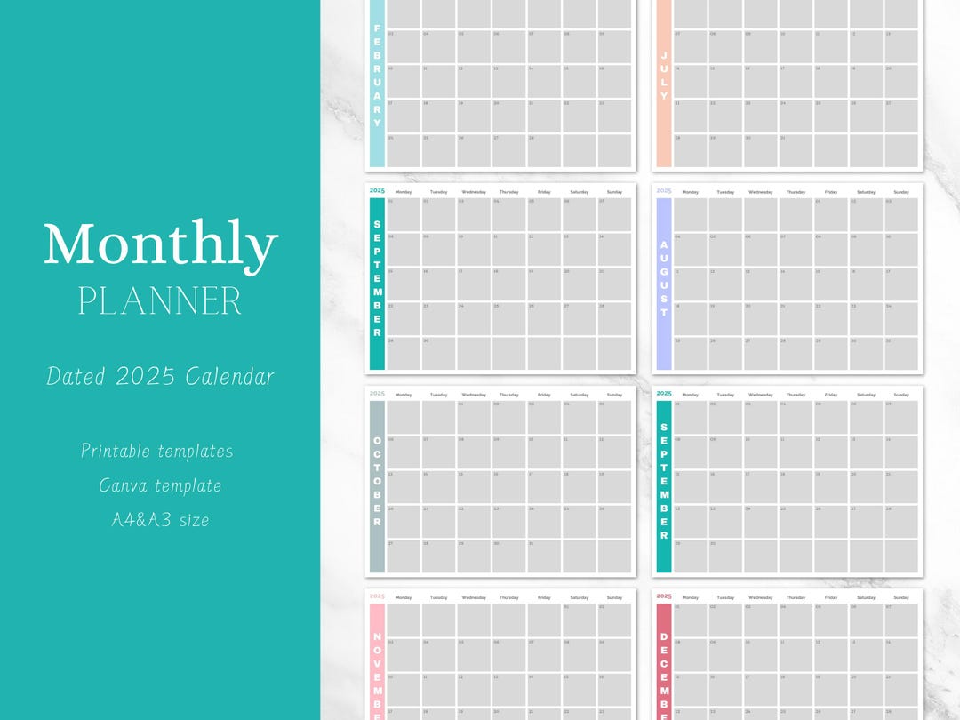 2025 Monthly Planner Printable Template Dated Year Wall Calendar