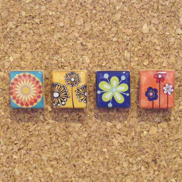 cubicle decor - brightly colored modern wildflowers - scrabble game tile magnet or thumb tack set - up cycled repurposed home decor item