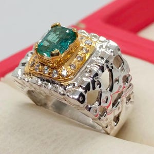 Rich Green Natural Emerald Sterling Silver 925 Handmade High Quality Colombian Green Emerald Ring, Luxury Mens Emerald Ring, Engagment Ring