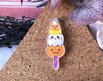 Spooky Halloween Dango Pin - Cute pin with candy corn, ghost, and pumpkin on a stick