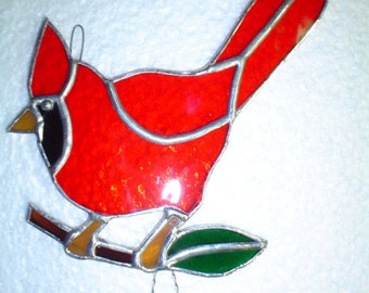stained glass Cardinal with cherries