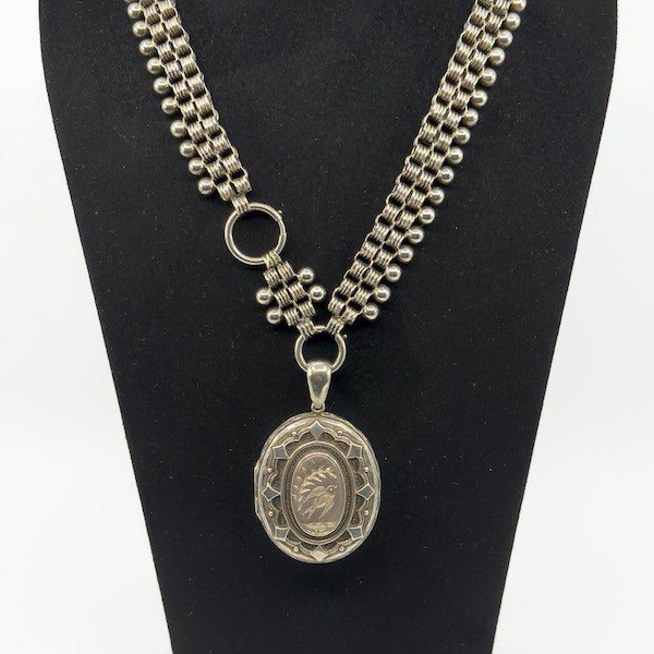 Antique Victorian Silver Reversible Locket with 18.5in Book Chain