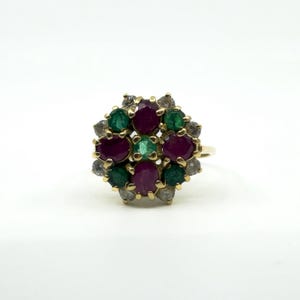 Vintage 18ct Gold Ruby, Emerald and Diamond Cluster Ring Size P