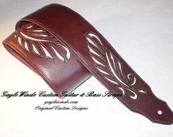 Custom Burgundy/Brown Pebble Grain Leather Guitar Strap w/Inlaid Classic Leaf Design /3" Wide-Padded-Leather Lined-Ergonomic-Adjustable