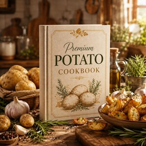 Puede incluir: Un libro de cocina de tapa dura titulado Premium POTATO COOKBOOK con una cubierta de color crema que presenta un dibujo lineal de patatas y hierbas. El libro está rodeado de patatas crudas, ajos, ramas de romero y gajos de patata asados.