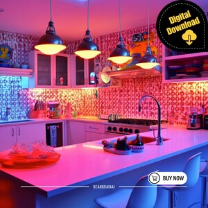 An eclectic kitchen with neon lighting, pink countertops, patterned wallpaper, and vintage-style decor.