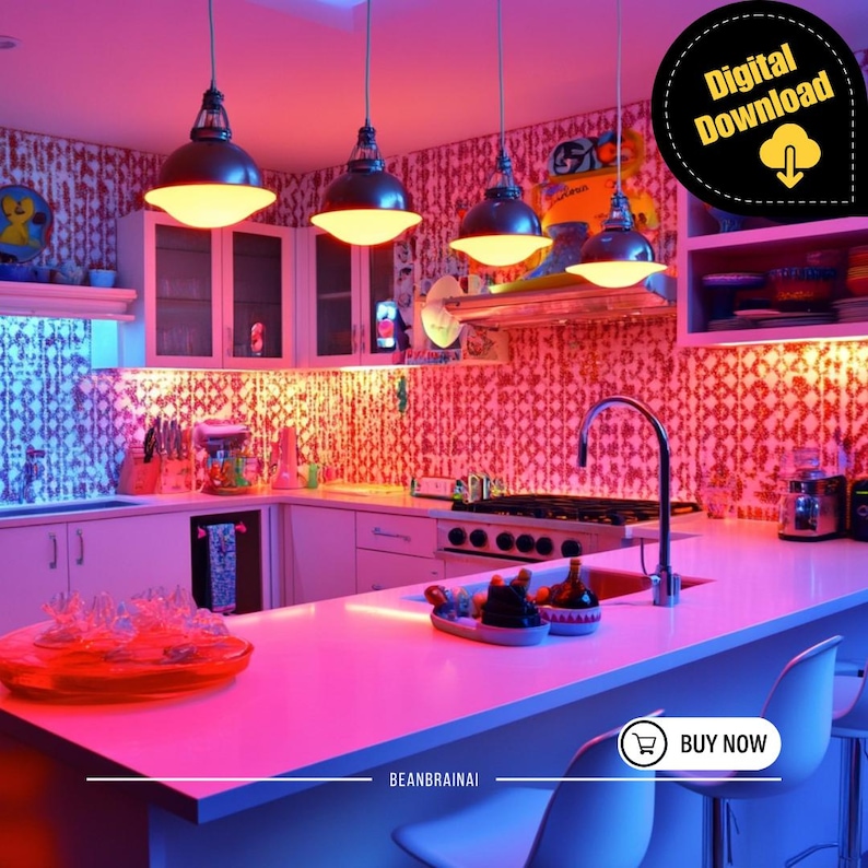 An eclectic kitchen with neon lighting, pink countertops, patterned wallpaper, and vintage-style decor.