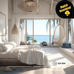 A cozy boho-inspired bedroom with hanging wicker lights, a hammock chair, and a large glass wall with a breathtaking beach view.