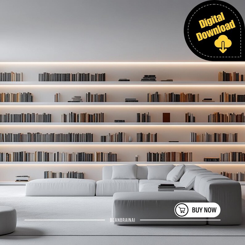 A sleek modern living room with clean-lined furniture and wall-to-wall illuminated shelves displaying a curated collection of books.