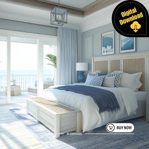 A bright coastal-style bedroom featuring wicker furniture, blue and white decor, and large glass doors opening to an ocean view balcony.