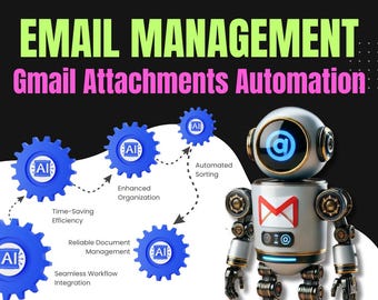 May include: A blue robot with a large email symbol on its chest, representing email management. The robot is surrounded by blue cogs with the word "AI" inside, representing artificial intelligence. The cogs are connected by arrows, showing the benefits of AI in email management, including automated sorting, enhanced organisation, time-saving efficiency, reliable document management, and seamless workflow integration.