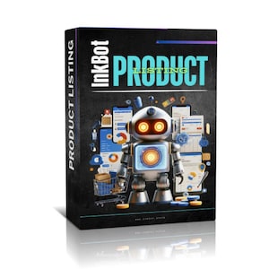 May include: A product box with the text "InkBot PRODUCT LISTING" in white and teal. The box features a robot illustration with orange eyes and a glowing blue center. The background is black with icons of mobile apps and shopping carts.
