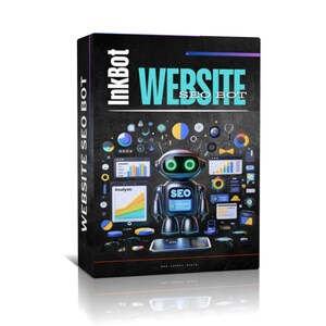 Puede incluir: Una caja negra y azul con el texto "Inkbot Website SEO Bot" y un robot de dibujos animados con el texto "SEO" en su pecho. La caja está rodeada de gráficos y tablas de colores.