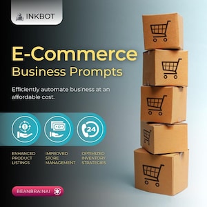 Peut inclure: Publicité pour des invites commerciales en ligne. L'image présente des boîtes en carton empilées avec des icônes de chariot de magasinage, ainsi que des icônes représentant des listes de produits améliorées, une gestion de magasin améliorée et des stratégies d'inventaire optimisées. Texte: "E-Commerce Business Prompts."