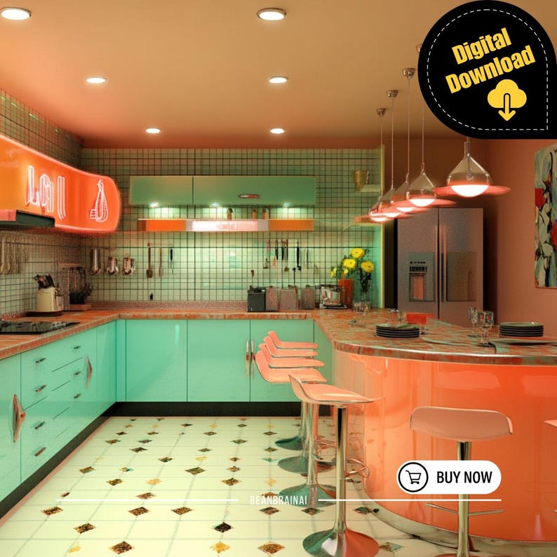 A colorful retro-inspired kitchen featuring bright orange cabinets, patterned tiles, and playful lighting.