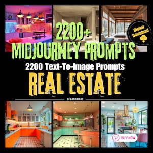 A promotional graphic for "2200+ MidJourney Prompts," showcasing various AI-generated real estate designs, including kitchens and living spaces.