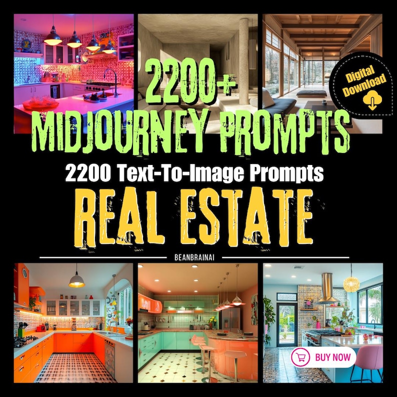 A promotional graphic for "2200+ MidJourney Prompts," showcasing various AI-generated real estate designs, including kitchens and living spaces.