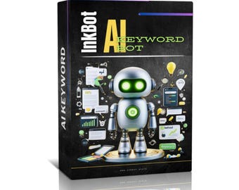 May include: A black and green box with the text "Inkbot AI Keyword Bot" and a silver robot illustration. The robot has green eyes and is surrounded by various icons related to SEO and marketing.