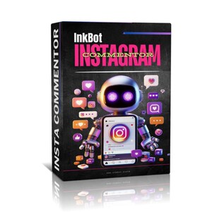 Pode incluir: Uma ilustração 3D de um robô segurando um smartphone com o logotipo do Instagram na tela. O robô está cercado por corações, polegares para cima e bolhas de comentários. O texto "InkBot INSTAGRAM COMMENTOR" é exibido na capa.