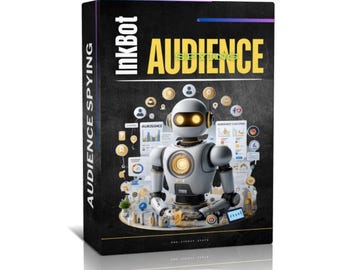 May include: A black and gold box with the text "Inkbot Audience Spy" and a white robot illustration. The robot is sitting on a table with various icons and graphs surrounding it.