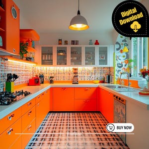 A colorful retro-inspired kitchen featuring bright orange cabinets, patterned tiles, and playful lighting.