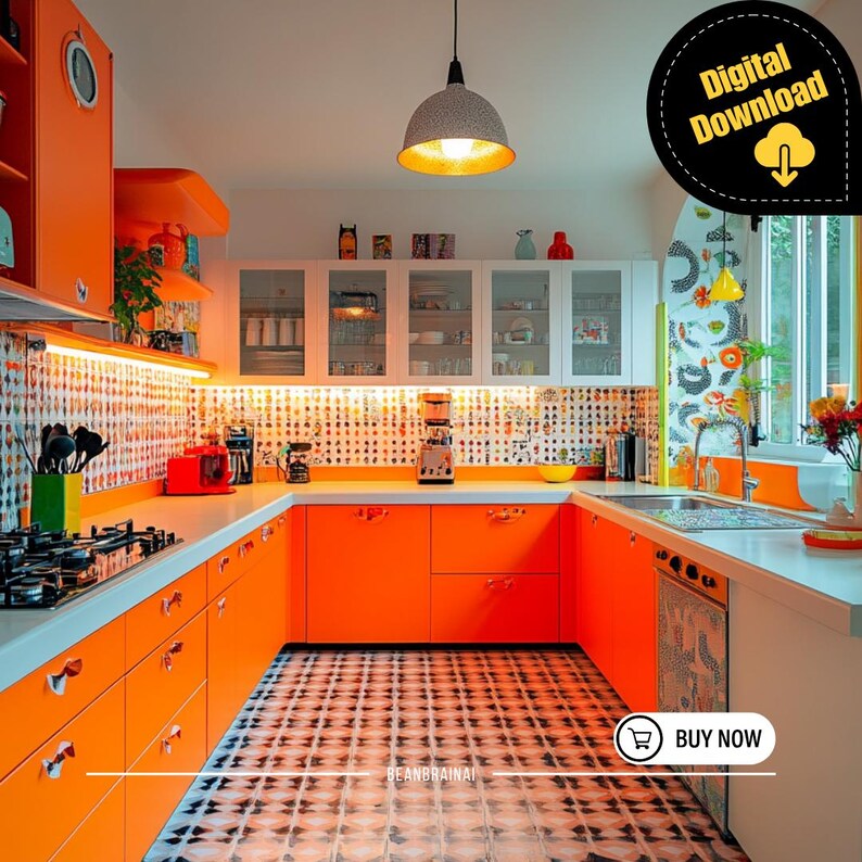 A colorful retro-inspired kitchen featuring bright orange cabinets, patterned tiles, and playful lighting.
