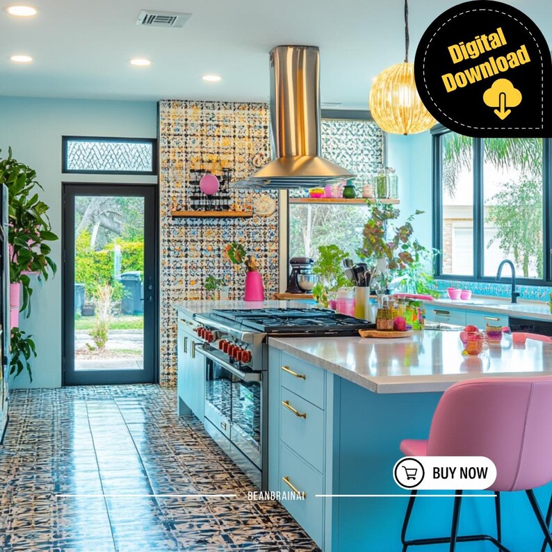 A pastel-themed kitchen with aqua cabinets, coral accents, and retro-style furniture paired with checkerboard tiles.