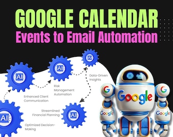 May include: A diagram illustrating how Google Calendar events can be automated using AI. The diagram features a series of cogs with the word "AI" inscribed within each cog. The cogs are linked by arrows, and the text "Data-Driven Insights" is displayed above the arrows. The diagram is set against a black backdrop, and a white robot with the word "Google" written on its chest is positioned at the centre of the diagram.