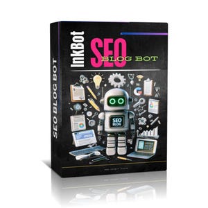 May include: A black box with the text "Inkbot SEO Blog Bot" in pink and white. A white robot with green eyes and the text "SEO Blog" on its chest is surrounded by various icons related to SEO and blogging.