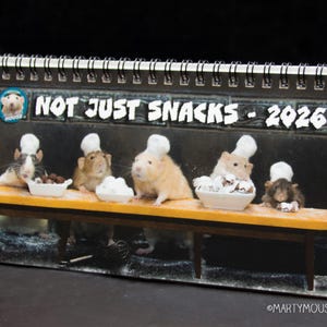 May include: A desk calendar with a humorous design showing mice in chef hats. The calendar is titled "NOT JUST SNACKS - 2026". The mice are positioned behind a wooden table, each with a different food item in front of them.